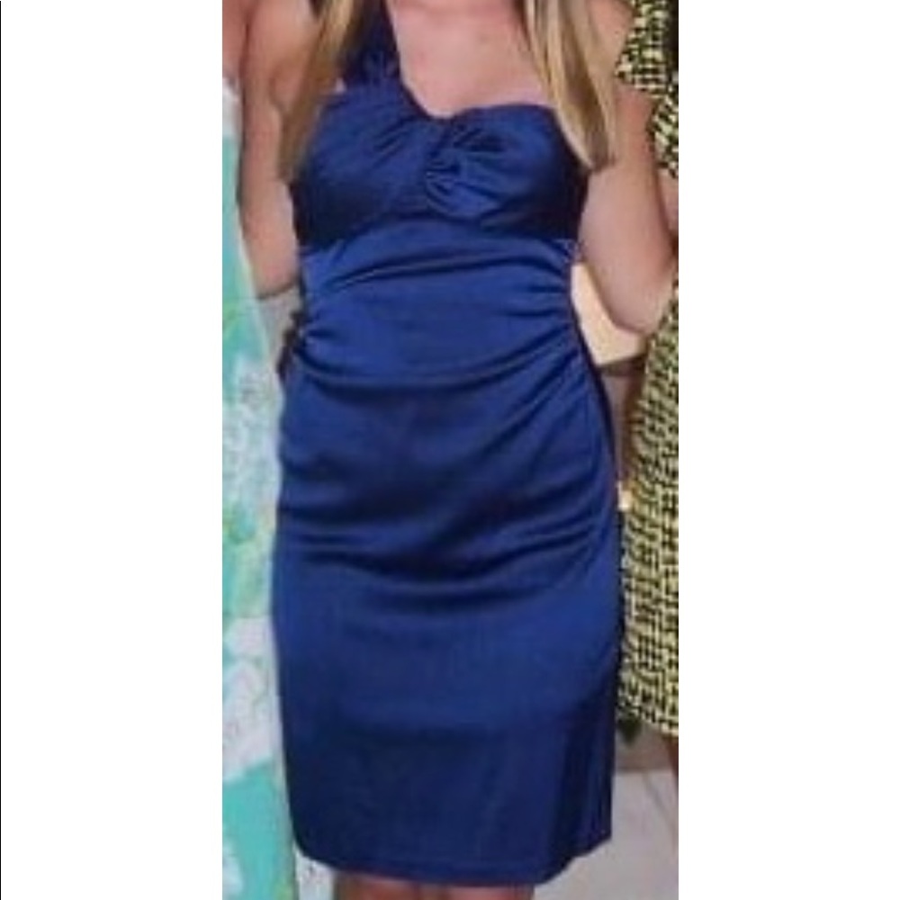 Navy one shoulder satin cocktail dress